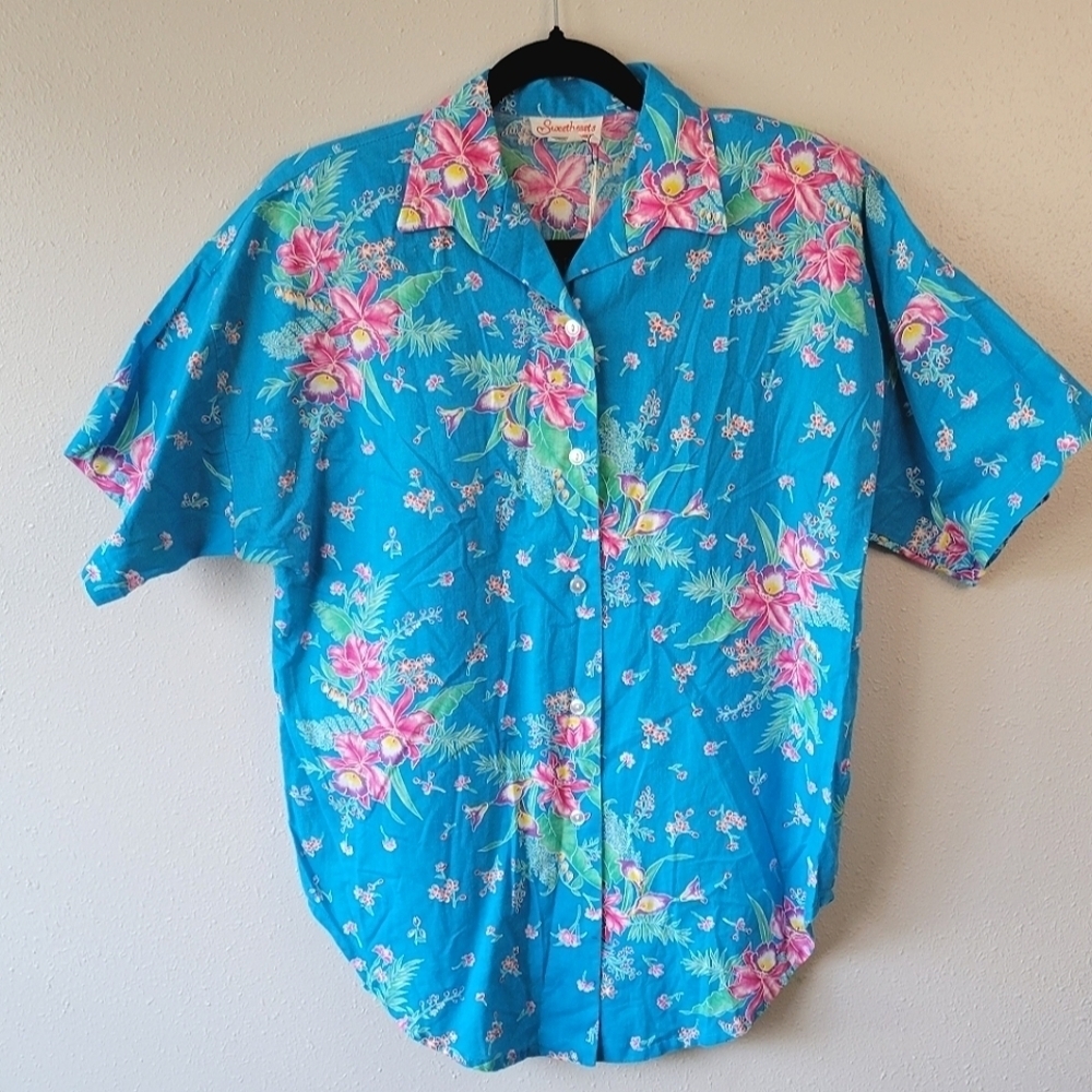 Vintage Hawaiian Floral Top Blue Pink Tropical Button Down 90s 80s